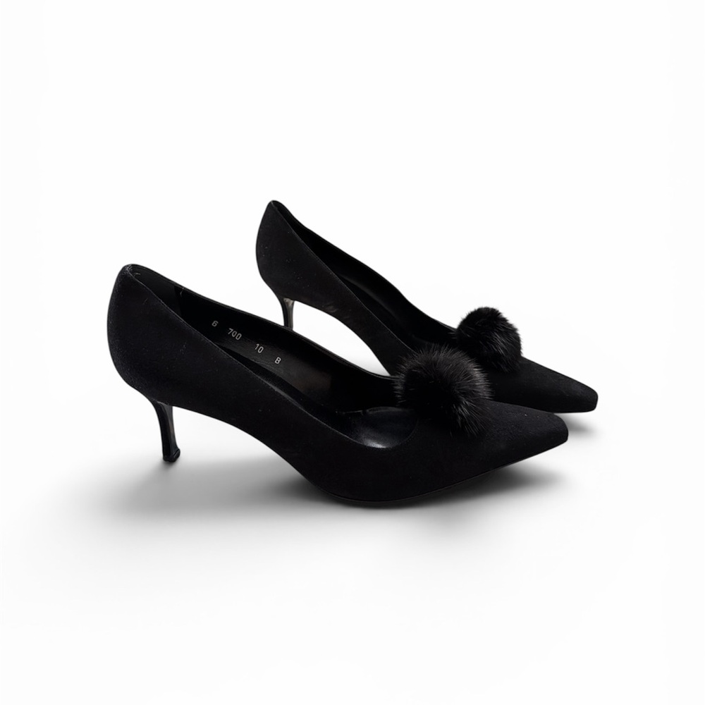 Pancaldi Italian Black Pom-Pom Pointed Toe Kitten Heel suede Pumps - Women's